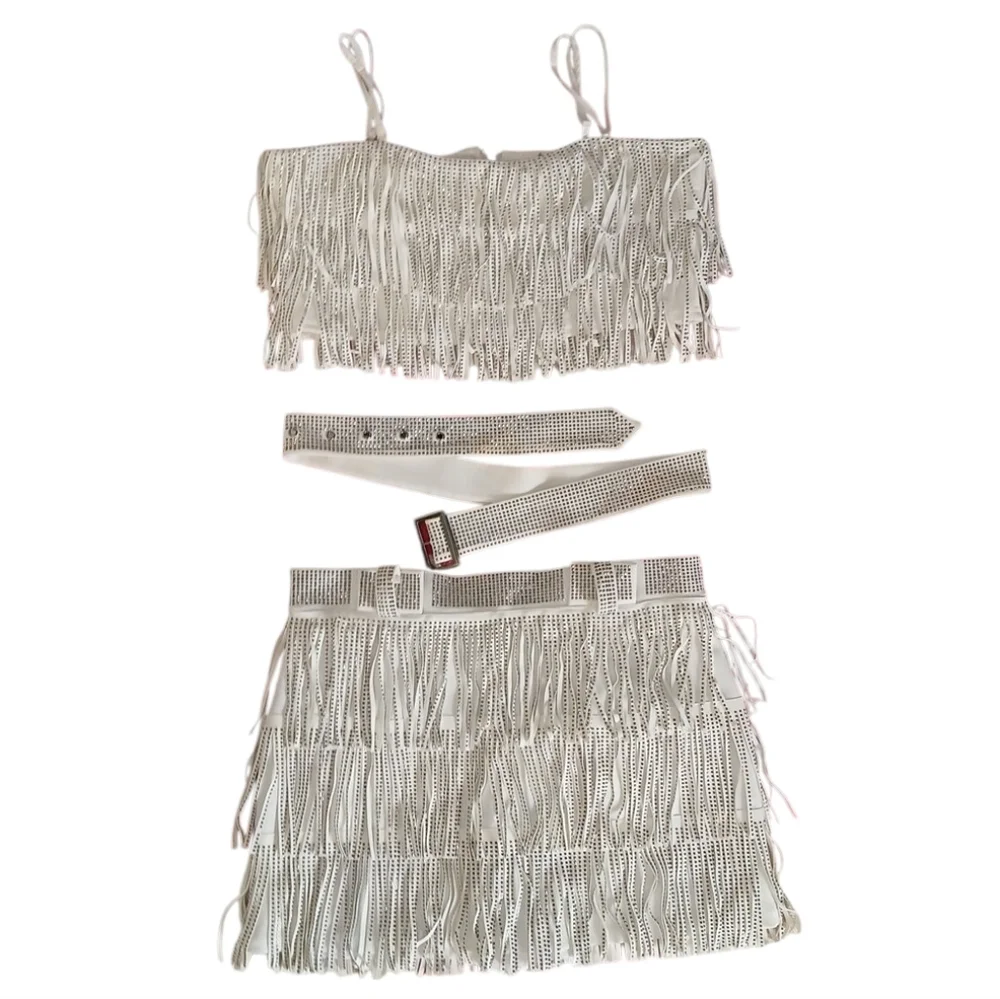 Nylon Apparel Fringe Crop Top & Skort Set With Belt/White/Large/Western‎